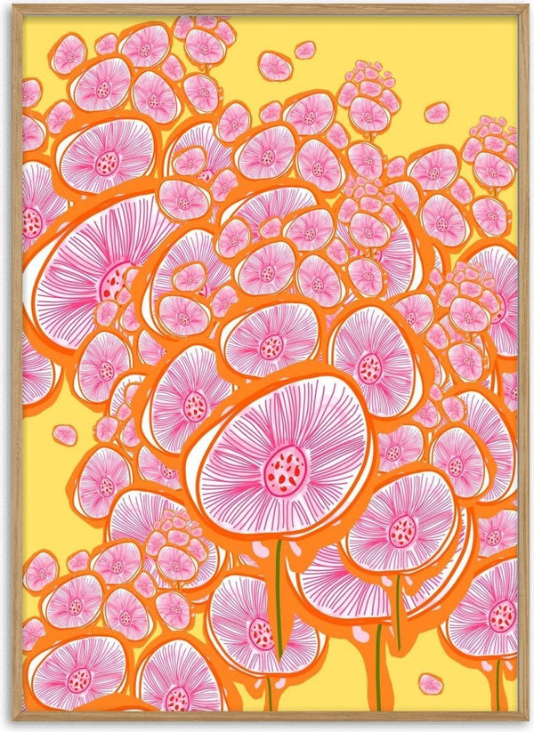 The happy meadow by Creationsbyeditabrus - crowded pink flowers on a butter yellow ground