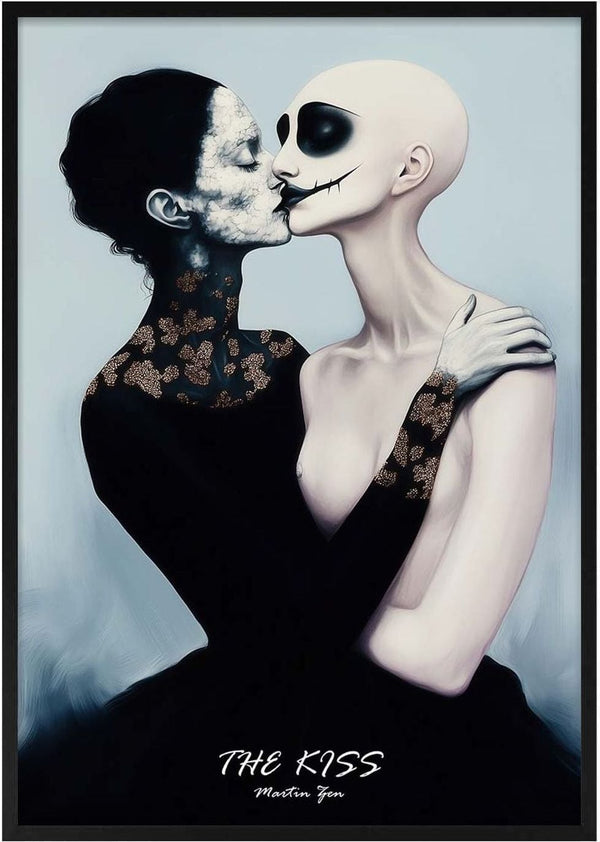 Surreal painting of two figures embracing and kissing, one skeletal, for The Kiss 2025 by Martin Zen.