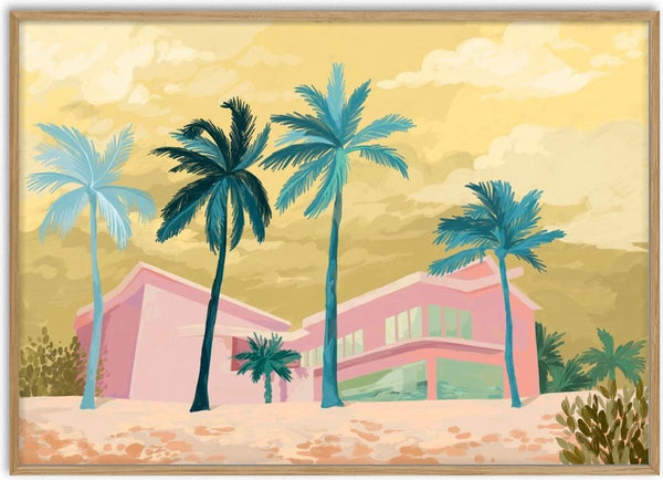 Illustration of a modern pink house with large windows and palm trees, under a yellow sky, from Goed Blauw.