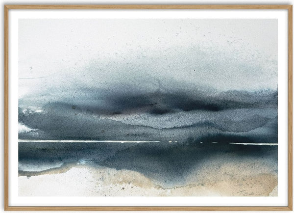 The receding horizon by Tania Zubareva - grey-blue washes over a thin white horizon and warm sand