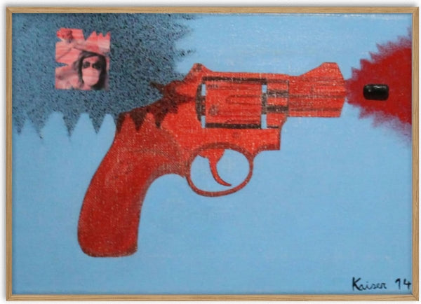 The right option by Kaiser - a red revolver firing a black bullet on a sky-blue ground, with a small collaged portrait
