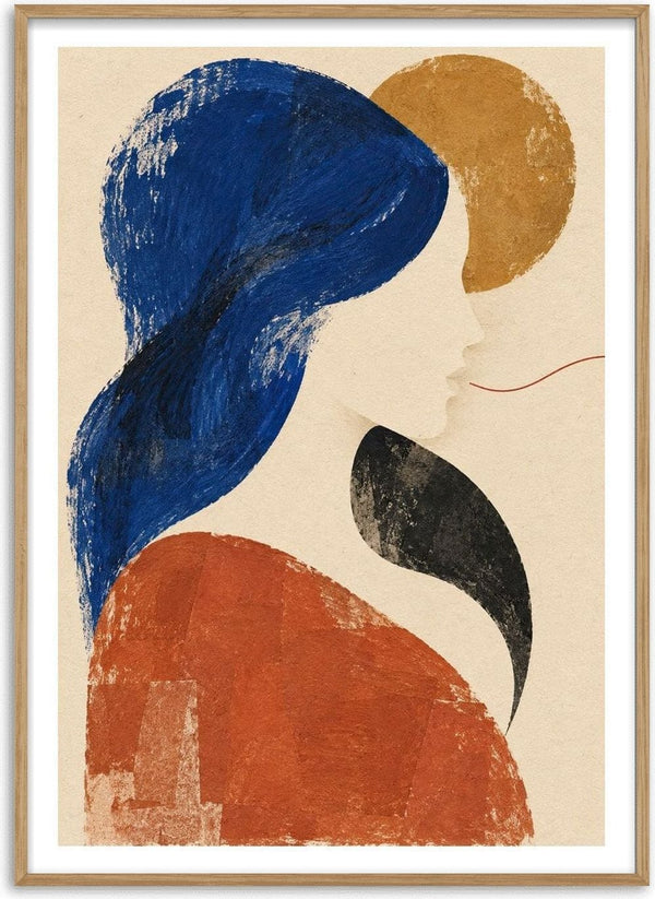 The Shape of Silence by Matthews Gallerie - an abstract profile in blue, ochre and rust on cream