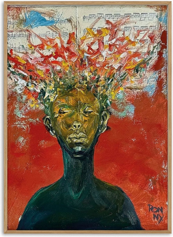 The Sound by Ronny Simon - a green head opening into a burst of red and yellow over sheet music