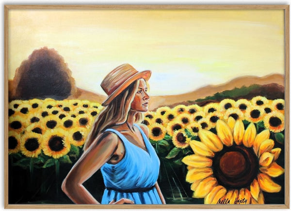 The Sunflower Path by Nella Hajdu - woman in a blue dress in a sunflower field