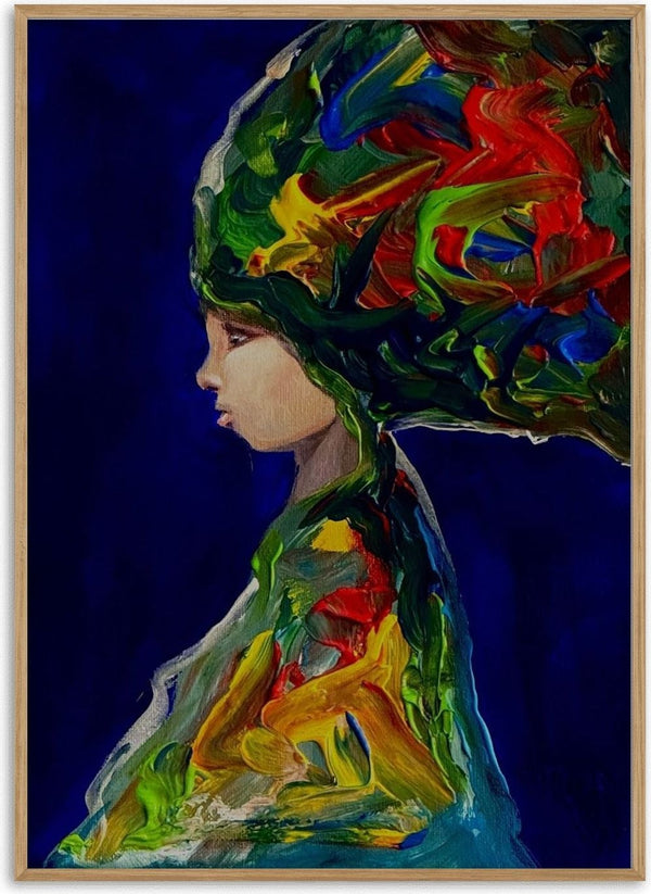 The Wind by Ronny Simon - a woman in profile with hair swept into green, red and yellow on blue