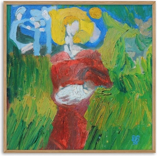 The Woman in the Wheat by António D'Albuquerque - a woman in a red dress among tall green grass