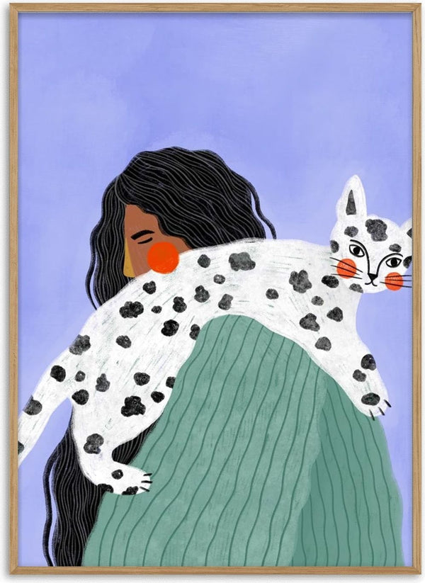 Illustration of a woman with long dark hair holding a white spotted cat on her shoulder, from The Woman With The Cat.