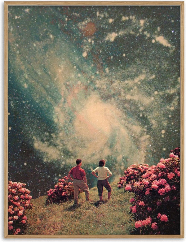 Two people stand among flowers gazing at a glowing galaxy, artwork from "There Will Be Light In the End" by Frank Moth.