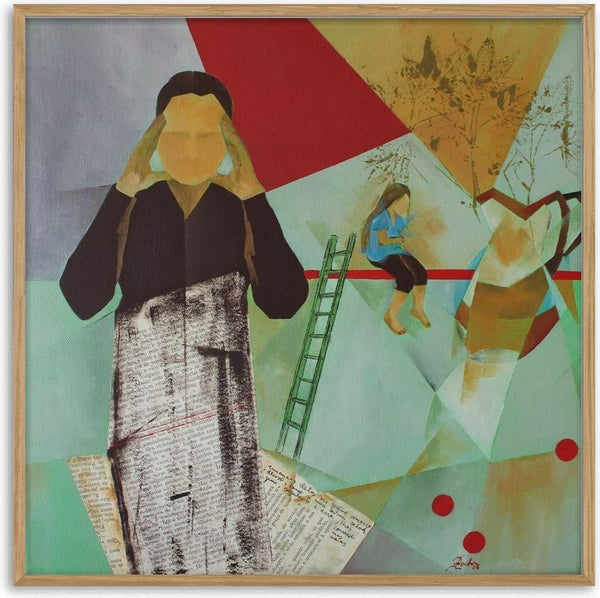 They Gave Off a Bitter Scent by Jorge Rocha - figure with hands to her head beside a green ladder