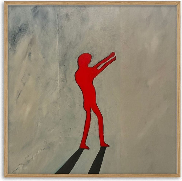 They were never born by Nectarios Livisianos - red figure with two long shadows on pale grey