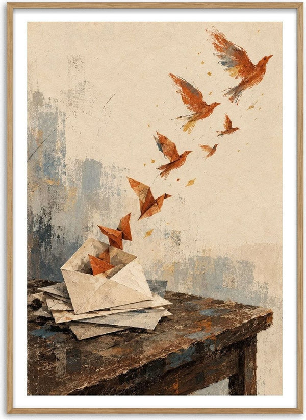 Things We Never Mailed by Matthews Gallerie - paper birds rising from a stack of envelopes on a dark table