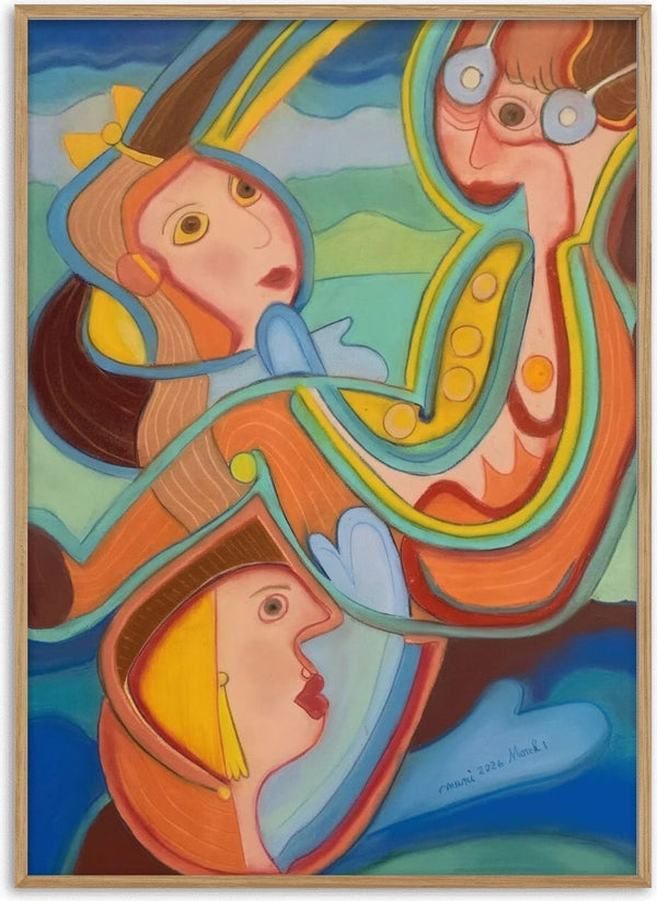 Three pilots by Gerard Ceulemans - three pilots in helmets among orange and turquoise ribbons in a blue and green sky