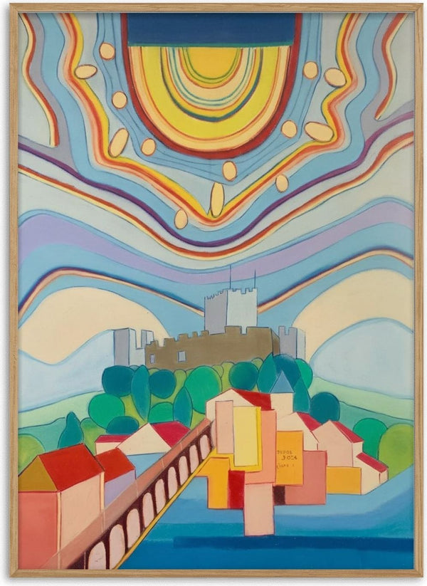 Tomar by day by Gerard Ceulemans - hill town with a grey castle, colourful houses and an arched bridge under a striped sky
