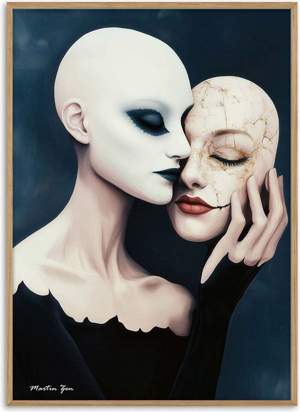 Surreal art of a figure caressing another's cracked mask, symbolizing intimacy, by Martin Zen for True Love Connections.