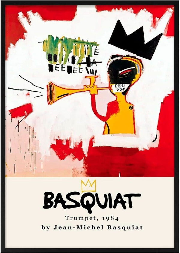 Abstract painting "Trumpet" by Jean-Michel Basquiat, featuring a figure with a trumpet and signature crown motif.