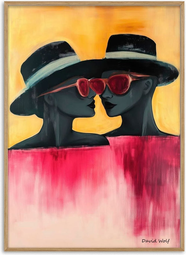 Painting of two figures in hats and red sunglasses against a yellow background, with red fading to white below.