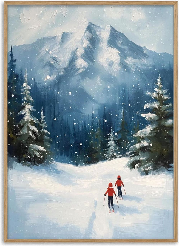 Two kids skiing down a snowy trail with pine trees and mountains in the background.