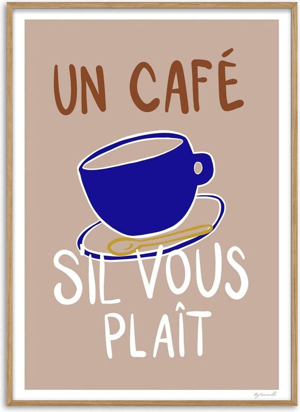 A blue coffee cup illustration with the text "UN CAFÉ S'IL VOUS PLAÎT" on a beige background.