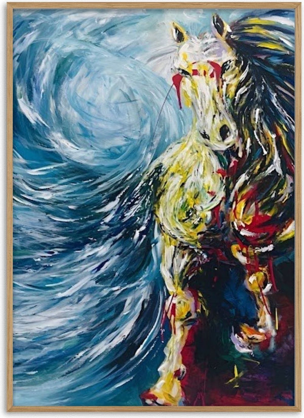 Undefined feeling by Tonia - a pale horse rearing out of a swirling blue-grey wave