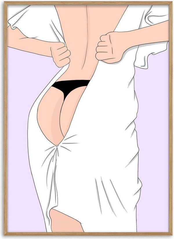 Un(dress) poster by Lisen Vennesland showing a white dress being pulled off against a lilac background