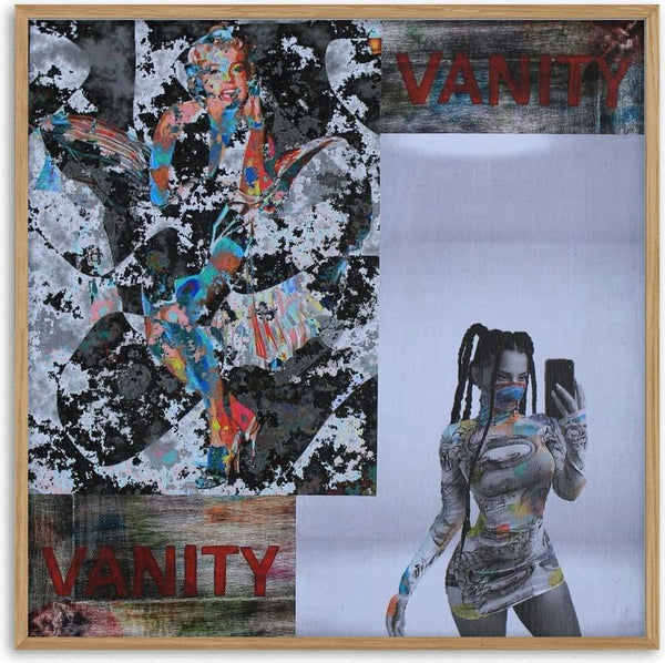 Vanity Marilyn by Kaiser - a fragmented Marilyn Monroe beside a braided woman taking a mirror selfie, with VANITY in red