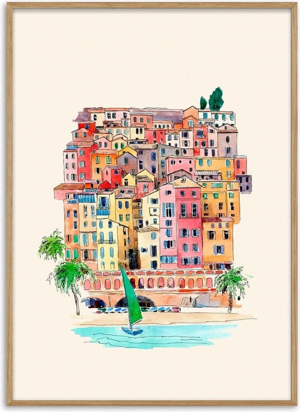 Colorful illustration of Venice buildings by the water with a sailboat and palm trees in the foreground.