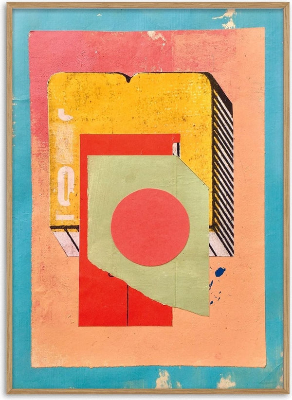Vermilion Circle by Kareem Rizk - a red circle on pale sage over yellow and coral collaged paper