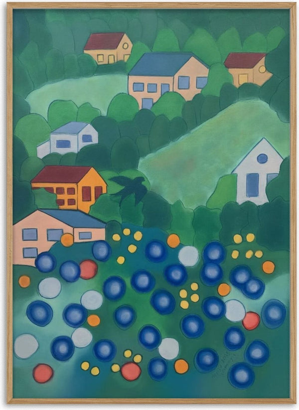 View from above by Gerard Ceulemans - green hillside with small colourful houses, a flying blackbird and round blue flowers