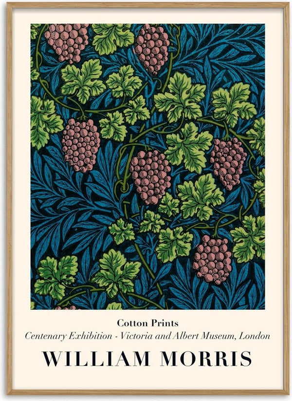 Vintage grapes pattern with green leaves on a dark background, designed by William Morris.