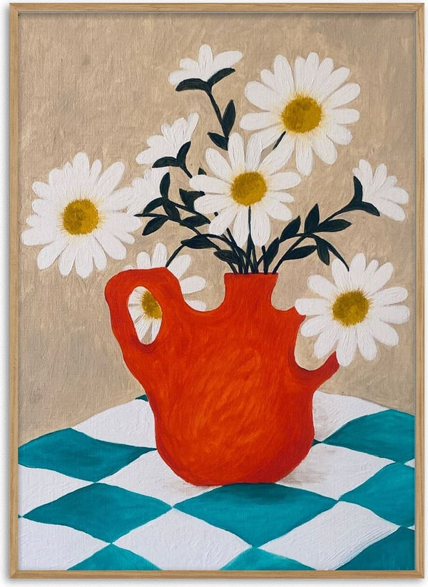 Vita blomster i röd vas by Rebecka Hansson - white daisies in a red jug on a teal checked cloth