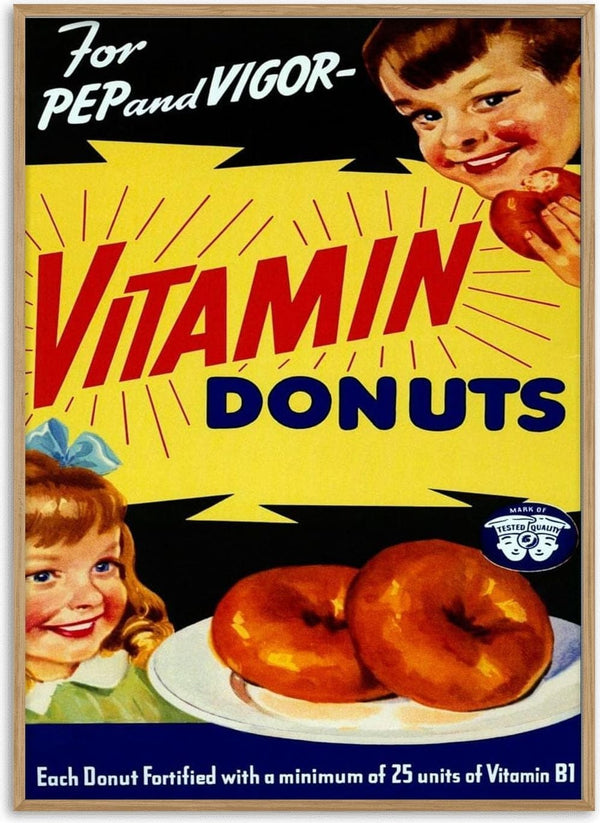 Vintage poster showing happy children eating donuts, advertising "Vitamin Donuts" with added Vitamin B1 for energy.