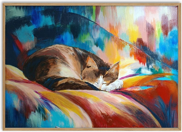 Während wir suchen by ELIZA Leopold - a tabby cat curled asleep on a striped blanket in red, yellow and turquoise