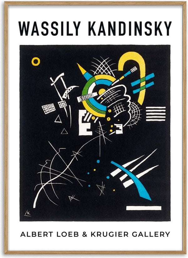 Abstract geometric shapes and vibrant colors on a black background, poster for Wassily Kandinsky at Krugier Gallery.