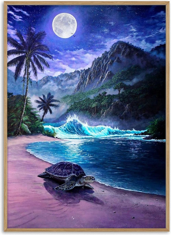 Where moonlight sleeps by Alan Minshull, a green sea turtle on a moonlit tropical beach with palm trees and a breaking turquoise wave