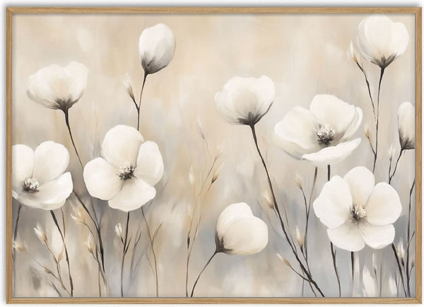 Whispering Blooms by Annika Persson - white flowers and buds on thin stems against soft beige and grey