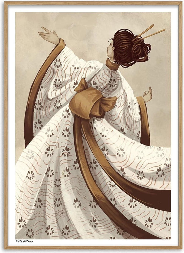 Elegant geisha in a white patterned kimono with brown obi and hair sticks, viewed from behind.