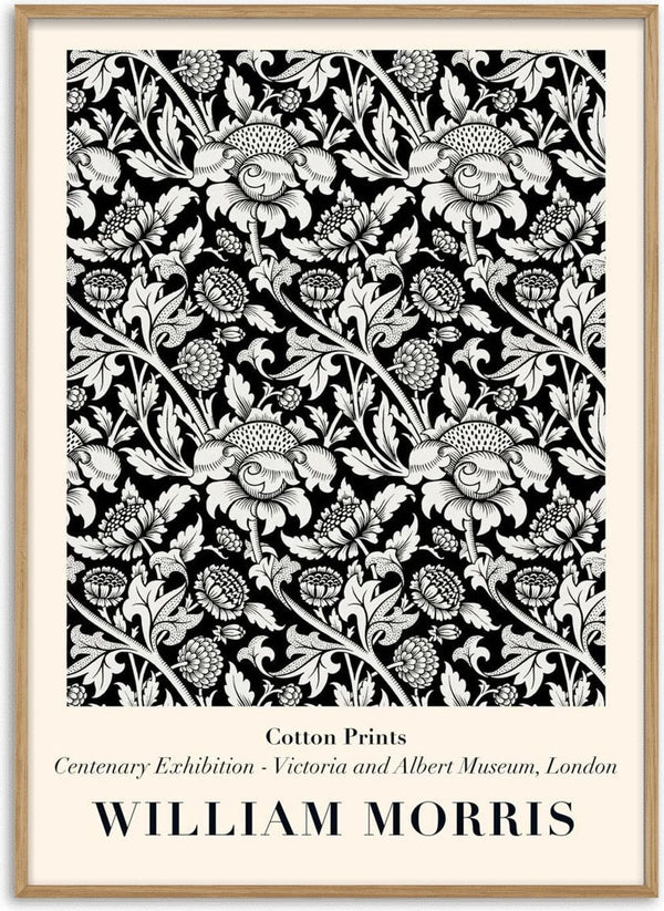 Intricate black and white floral pattern design by William Morris featured on a White Flowers product page.
