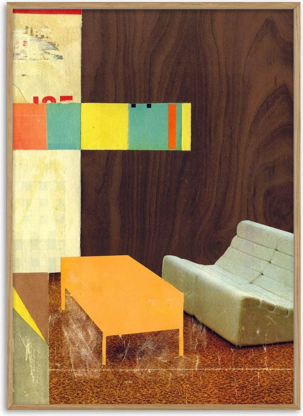 White Sofa by Kareem Rizk - a pale sofa and orange table against dark walnut with blocks of colour