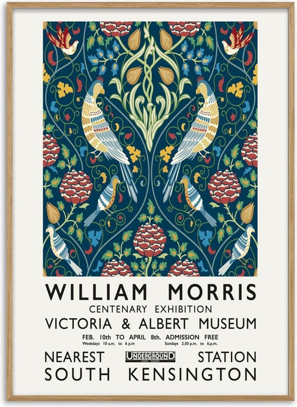 Poster for William Morris Centenary Exhibition with floral and bird pattern, details of venue and dates below.