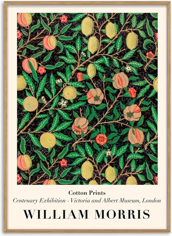 Art print of William Morris’s Black Lemons design with lemons, branches, and leaves on a dark background.