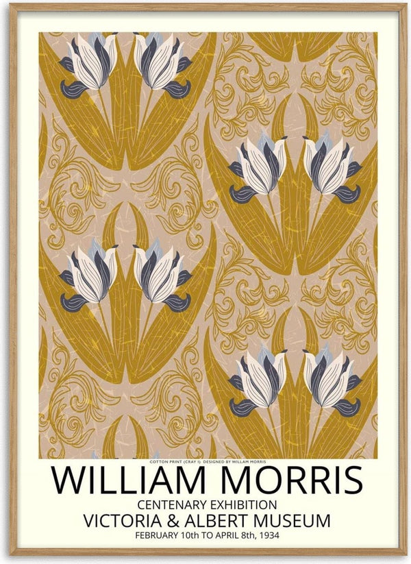 Poster featuring William Morris tulip pattern in gold and blue, with exhibition details at the Victoria & Albert Museum.