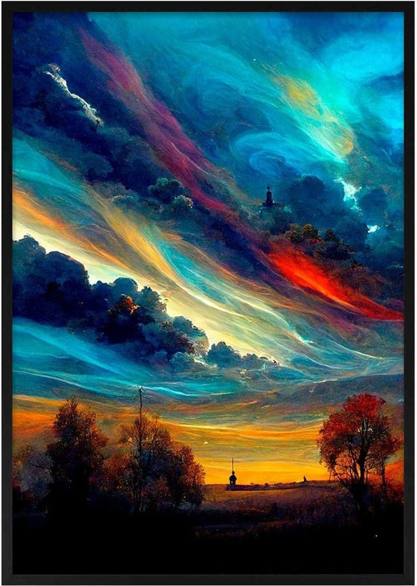 Colorful, swirling sky over a landscape at sunset, artwork from Winnie Møller - Fantasi i Himlen 1.