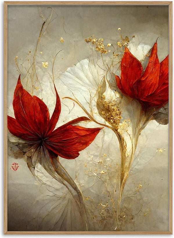 Abstract red fantasy flowers with delicate gold accents, featured on Winnie Møller - Røde Fantasi Blomster product page.