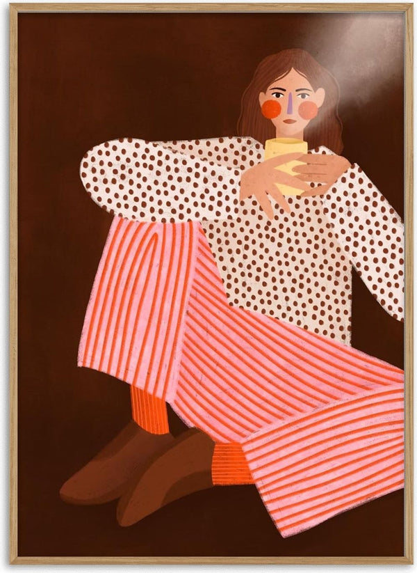 Illustration of a woman in striped pants and polka dot shirt sipping tea, from Bea Muller's Woman With the Cup of Tea.