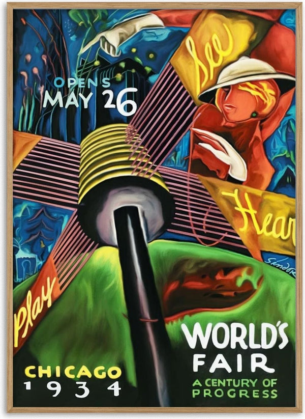 Colorful vintage poster for the 1934 Chicago World’s Fair, featuring bold text and dynamic Art Deco artwork.