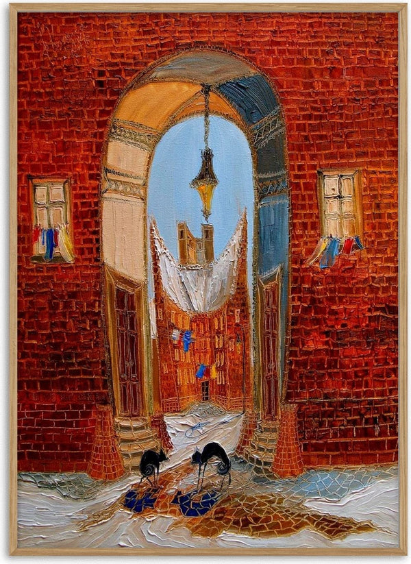 Oil painting of two cats eating near a brick archway, with laundry hanging and colorful buildings in the background.