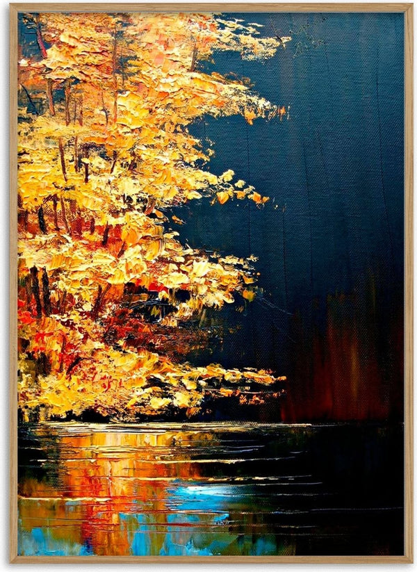 Golden River by Justyna Kopania: Abstract golden autumn trees reflected on a serene, dark river.