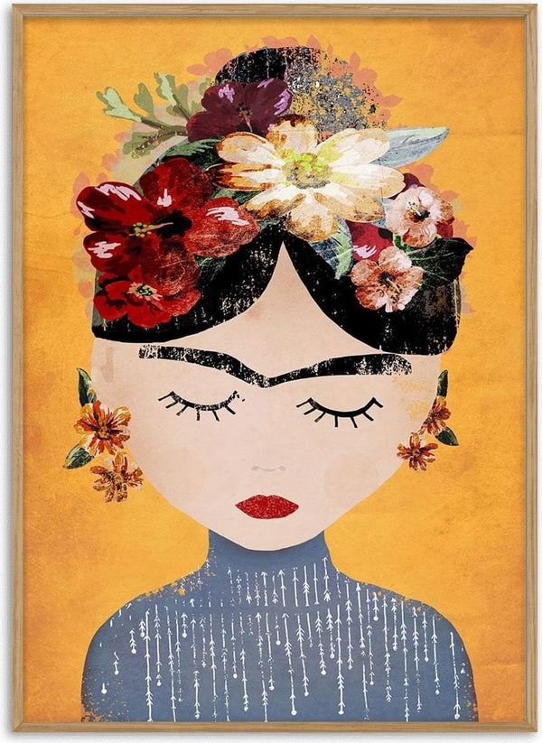 Artistic portrait of a woman with floral headpiece, bold brows, and closed eyes on a yellow background.