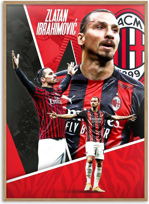 Football poster featuring Zlatan Ibrahimović in AC Milan kit with club logo and dynamic poses.