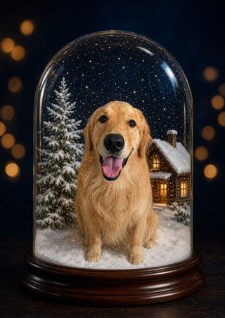 Snow Dome Portrait personalised poster – a golden retriever sitting under a glass snow dome on a wooden base